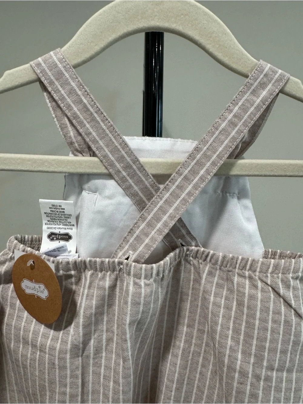 NWT Mud Pie Infant Tan Striped Bubble Romper Overalls, Size 3-6 Months